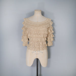 VINTAGE LIGHT OATMEAL TIERED RUFFLE CROCHET PEASANT BLOUSE TOP - S-M