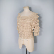 Load image into Gallery viewer, VINTAGE LIGHT OATMEAL TIERED RUFFLE CROCHET PEASANT BLOUSE TOP - S-M