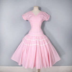 50s PINK GINGHAM FULL SKIRTED COTTON DRESS WITH RICRAC TIERS - XS