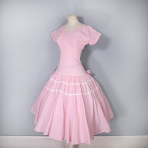 50s PINK GINGHAM FULL SKIRTED COTTON DRESS WITH RICRAC TIERS - XS