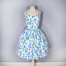 Load image into Gallery viewer, 60s BLUE VIOLET FLORAL STRAPPY FULL SKIRTED SUN DRESS - XS