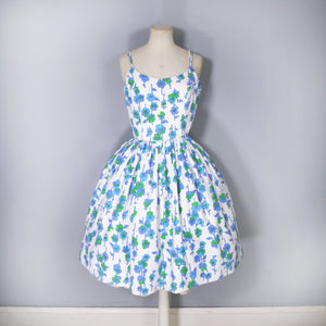 60s BLUE VIOLET FLORAL STRAPPY FULL SKIRTED SUN DRESS - XS