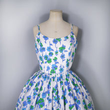 Load image into Gallery viewer, 60s BLUE VIOLET FLORAL STRAPPY FULL SKIRTED SUN DRESS - XS