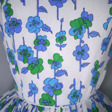 Load image into Gallery viewer, 60s BLUE VIOLET FLORAL STRAPPY FULL SKIRTED SUN DRESS - XS