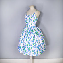 Load image into Gallery viewer, 60s BLUE VIOLET FLORAL STRAPPY FULL SKIRTED SUN DRESS - XS