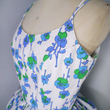 Load image into Gallery viewer, 60s BLUE VIOLET FLORAL STRAPPY FULL SKIRTED SUN DRESS - XS