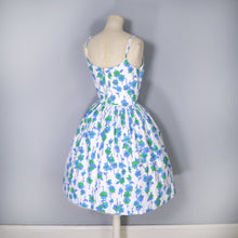 Load image into Gallery viewer, 60s BLUE VIOLET FLORAL STRAPPY FULL SKIRTED SUN DRESS - XS