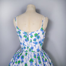 Load image into Gallery viewer, 60s BLUE VIOLET FLORAL STRAPPY FULL SKIRTED SUN DRESS - XS