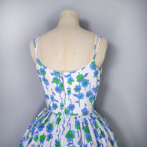 60s BLUE VIOLET FLORAL STRAPPY FULL SKIRTED SUN DRESS - XS