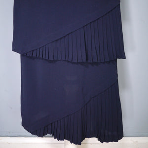 40s NAVY BLUE RAYON TIERED FITTED DRESS WITH PLEATED TRIMS - L / volup