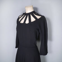 Load image into Gallery viewer, 50s RUTH LYONS AUTOGRAPH BLACK RAYON LADDER CUT OUT NECKLINE LBD DRESS - M