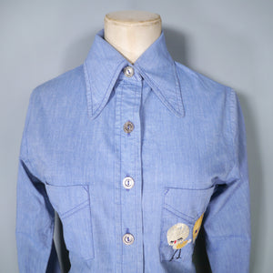 70s EMBROIDERED CHICKEN CHAMBRAY COTTON DAGGER COLLAR SHIRT - XS-S