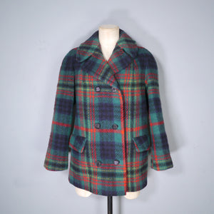 60s GREEN AND RED PLAID CHECK JACKET / MINI PEA COAT - M