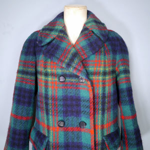 60s GREEN AND RED PLAID CHECK JACKET / MINI PEA COAT - M