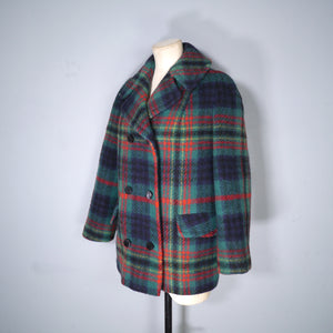 60s GREEN AND RED PLAID CHECK JACKET / MINI PEA COAT - M