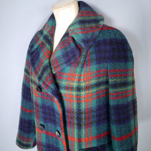 60s GREEN AND RED PLAID CHECK JACKET / MINI PEA COAT - M