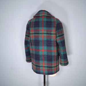 60s GREEN AND RED PLAID CHECK JACKET / MINI PEA COAT - M