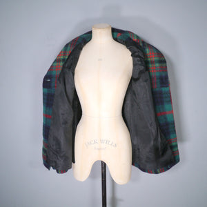 60s GREEN AND RED PLAID CHECK JACKET / MINI PEA COAT - M