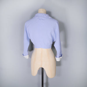 50s CROPPED PASTEL BLUE PETER PAN COLLAR JACKET WITH POLKA DOT TRIM - S