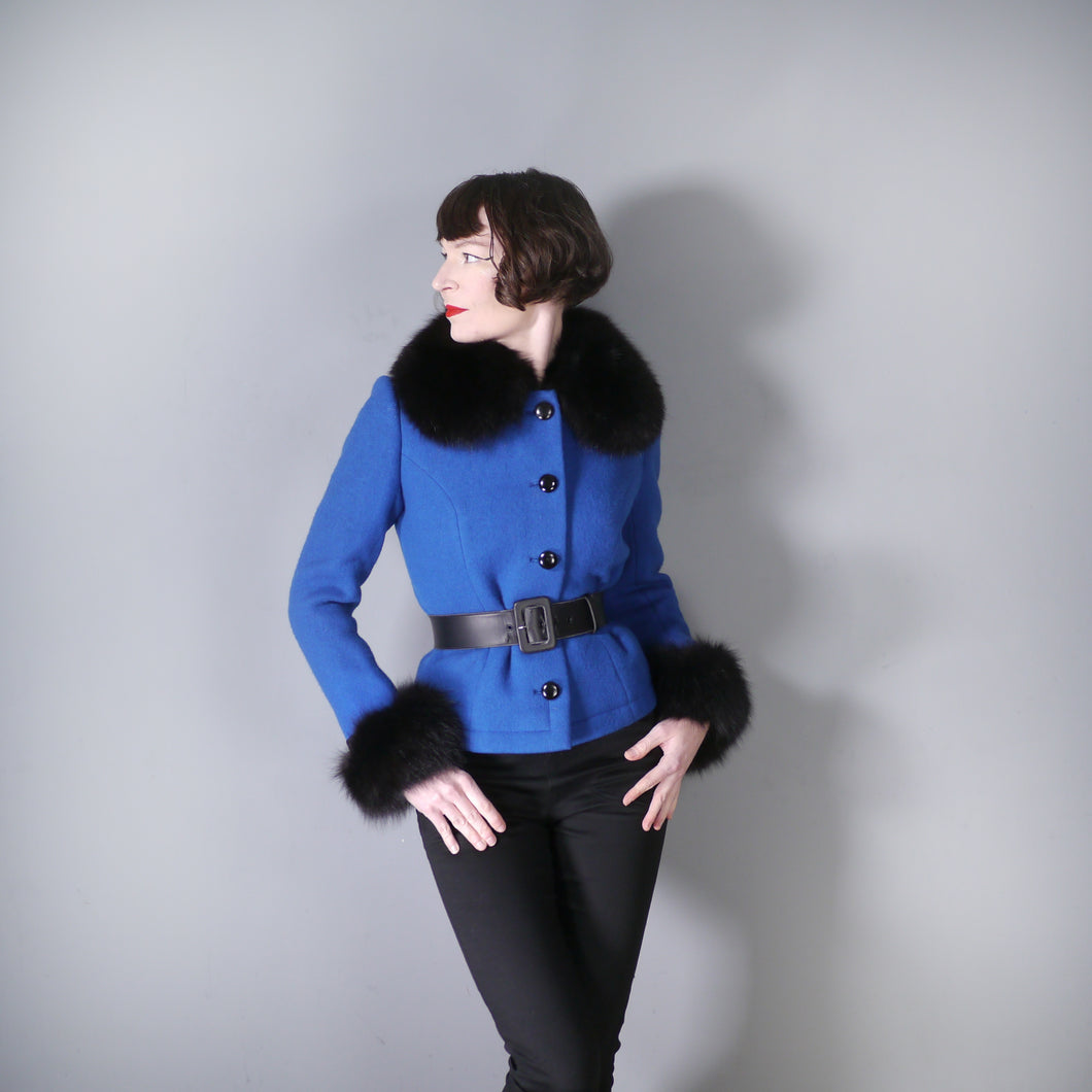 60s ITALIAN BLUE WOOL JACKET WITH FLUFFY BLACK FUR CUFFS AND COLLAR - S-M