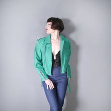 Load image into Gallery viewer, 80s GREEN CROPPED LEATHER BIKER JACKET WITH SELF BELT - M-L