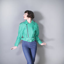 Load image into Gallery viewer, 80s GREEN CROPPED LEATHER BIKER JACKET WITH SELF BELT - M-L