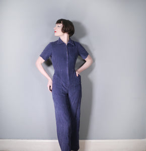 70s DARK BLUE CORDUROY ZIP FRONT JUMPSUIT / OVERALL - S / short waisted
