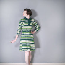 Load image into Gallery viewer, 60s 70s GREEN STRIPE PONTE KNIT SHIFT DRESS WITH PETER PAN COLLAR - S