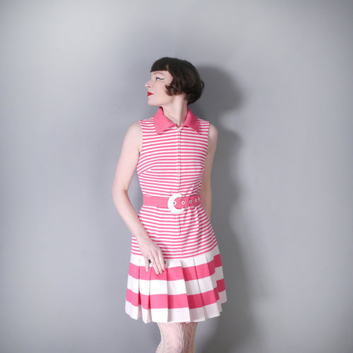 70s PINK AND WHITE CANDY STRIPE PLEATED MOD DRESS WITH CINCH BELT - S