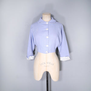 50s CROPPED PASTEL BLUE PETER PAN COLLAR JACKET WITH POLKA DOT TRIM - S