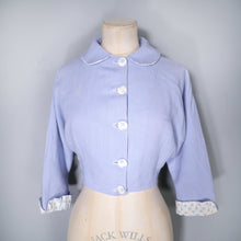 Load image into Gallery viewer, 50s CROPPED PASTEL BLUE PETER PAN COLLAR JACKET WITH POLKA DOT TRIM - S