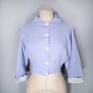 50s CROPPED PASTEL BLUE PETER PAN COLLAR JACKET WITH POLKA DOT TRIM - S