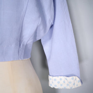 50s CROPPED PASTEL BLUE PETER PAN COLLAR JACKET WITH POLKA DOT TRIM - S