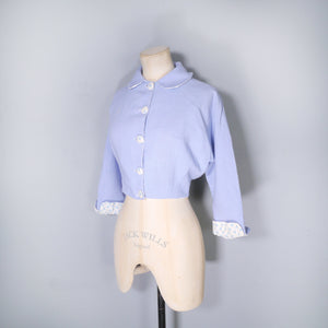 50s CROPPED PASTEL BLUE PETER PAN COLLAR JACKET WITH POLKA DOT TRIM - S