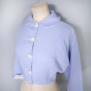 50s CROPPED PASTEL BLUE PETER PAN COLLAR JACKET WITH POLKA DOT TRIM - S