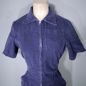 70s DARK BLUE CORDUROY ZIP FRONT JUMPSUIT / OVERALL - S / short waisted
