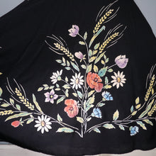 Load image into Gallery viewer, 50s BLACK RAYON FLOCKED HARVEST FLORAL PRINT FULL CIRCLE SKIRT - 23.5&quot;