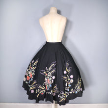 Load image into Gallery viewer, 50s BLACK RAYON FLOCKED HARVEST FLORAL PRINT FULL CIRCLE SKIRT - 23.5&quot;