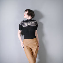 Load image into Gallery viewer, 40s BLACK FAIRISLE HANDKNIT JUMPER WITH PUFF SLEEVE AND CHOKER COLLAR - XS