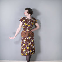 Load image into Gallery viewer, 40s NOVELTY DEER AND FLOWER PRINT BROWN RAYON DRESS - S