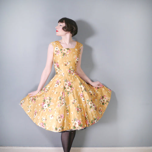 50s DARK GOLDEN YELLOW PAINTERLY PINK FIT AND FLARE COTTON DRESS - S
