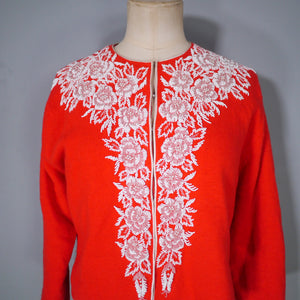50s "ROYAL INDIA" RED SOFT WOOL BEADED FLORAL CARDIGAN - M