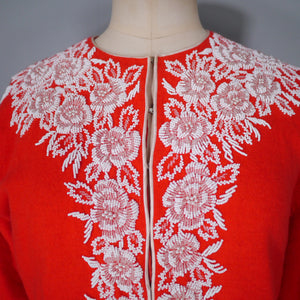 50s "ROYAL INDIA" RED SOFT WOOL BEADED FLORAL CARDIGAN - M