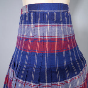 60s SLIMMA BLUE RED PLEATED REVERSIBLE WOOL SKIRT - 28"