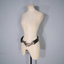 Load image into Gallery viewer, 70s GOTHIC BLACK FAUX LEATHER CLASPED HANDS BUCKLE CINCH BELT - ADJUSTABLE 26&quot; TO 35&quot;