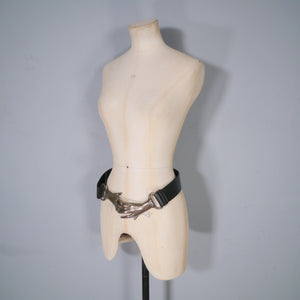70s GOTHIC BLACK FAUX LEATHER CLASPED HANDS BUCKLE CINCH BELT - ADJUSTABLE 26" TO 35"