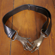 Load image into Gallery viewer, 70s GOTHIC BLACK FAUX LEATHER CLASPED HANDS BUCKLE CINCH BELT - ADJUSTABLE 26&quot; TO 35&quot;