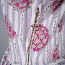 Load image into Gallery viewer, 50s LILAC-GREY STRIPE SHIRT DRESS WITH BOW AMULET PRINT - M
