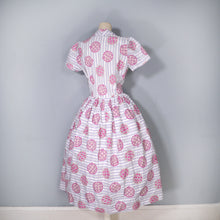 Load image into Gallery viewer, 50s LILAC-GREY STRIPE SHIRT DRESS WITH BOW AMULET PRINT - M