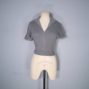 50s / 60s CROPPED GREY STRETCH COTTON COLLARED T-SHIRT TOP - S
